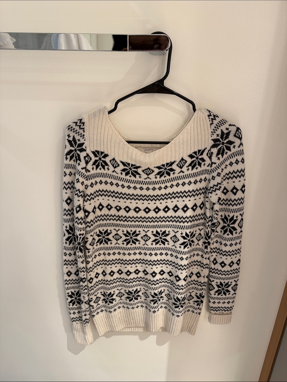 LOFT Cream and Black Fair Isle Crewneck Sweater